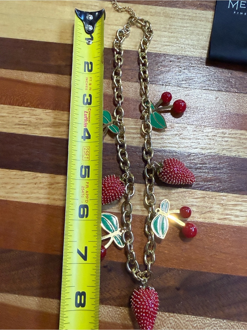 Gold Cherry & Strawberry Charm Necklace in Red and Green - Picture 2 of 5